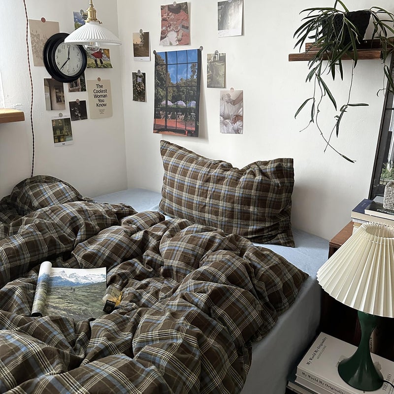MKXI Cal King Blue, Brown & Green Buffalo Plaid Duvet Cover Set - 3 Piece Vintage Aesthetic Bedding Set, 100% Washed Cotton, Minimalist Design, Soft & Breathable Duvet Cover with Zipper Closure - Image 4